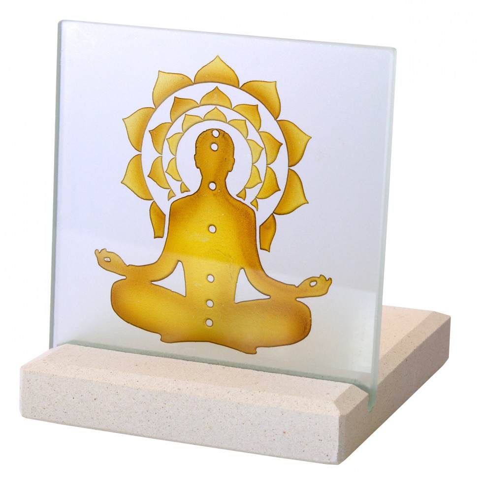 Teelicht "Chakra Buddha" Glas Stein graviert 10x13cm